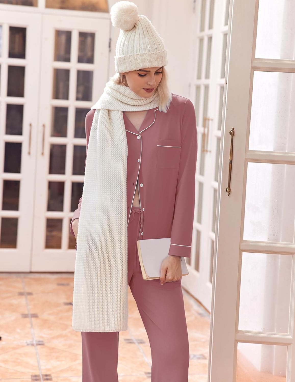 Mauve long pajama set with button placket and chest pocket; long sleeves and pants