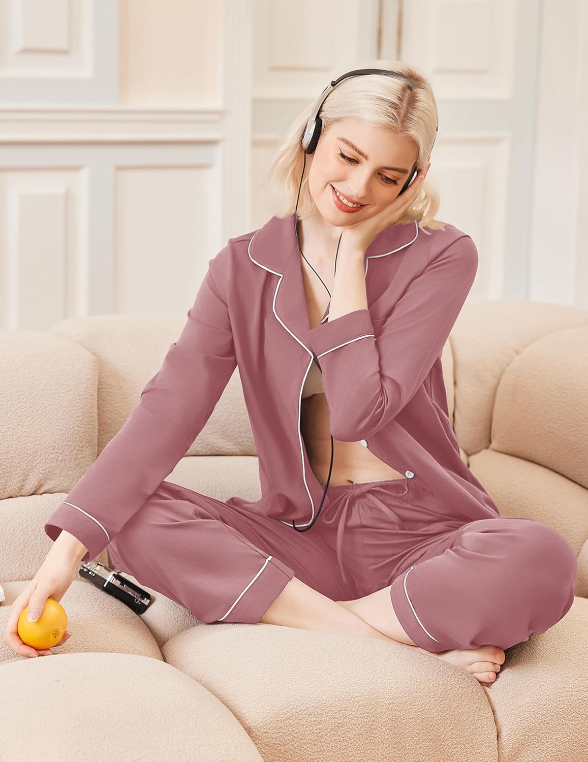 Mauve/purple long pajama set with button-front top, piping trim, and matching pants