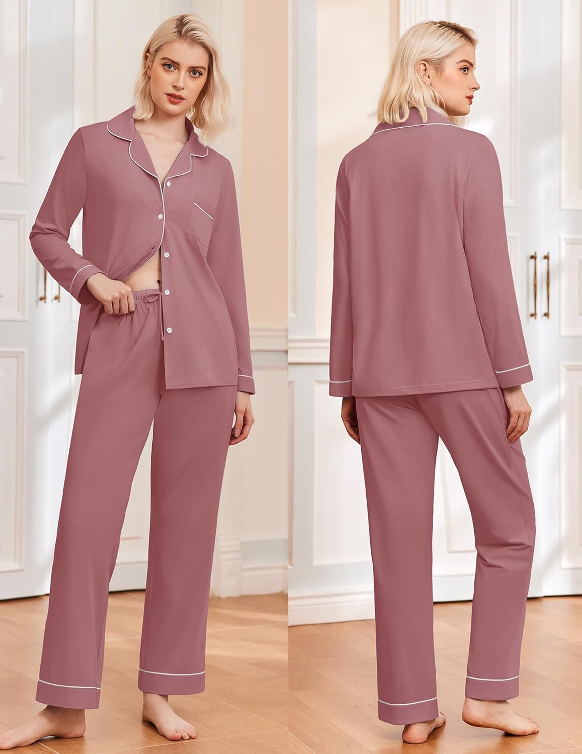 Pale violet red long pajama set: button-up top with piping and full-length matching pants