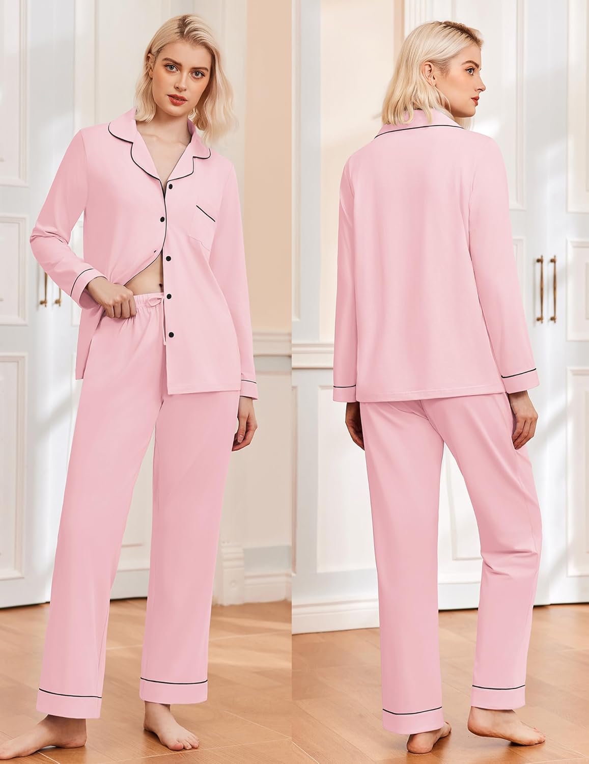 Classic long pajama set, rosafarben mit Knopfleiste und schwarzer Kontrastpaspel