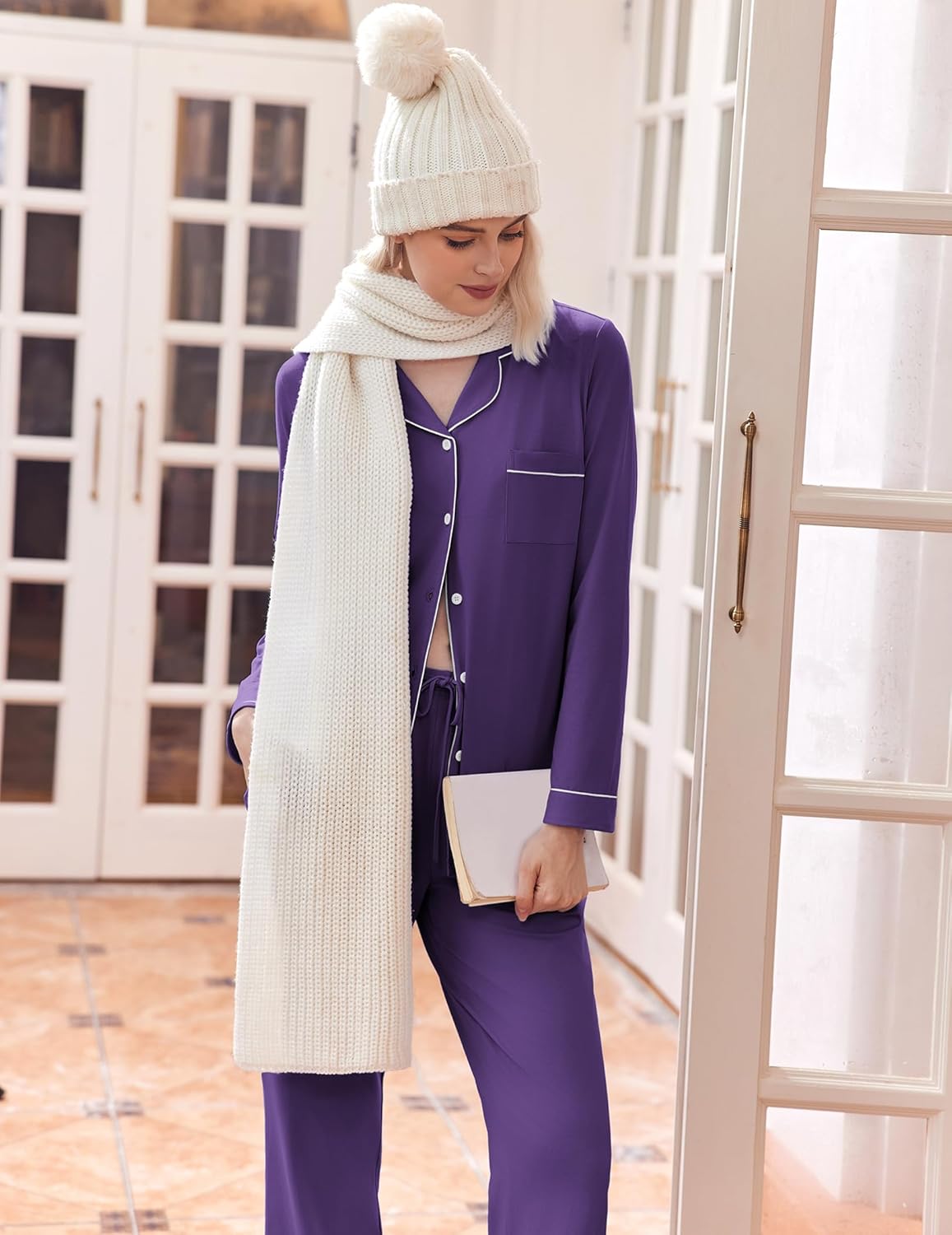 Purple button-front pajama set with contrast trim, long sleeves and ankle-length pants