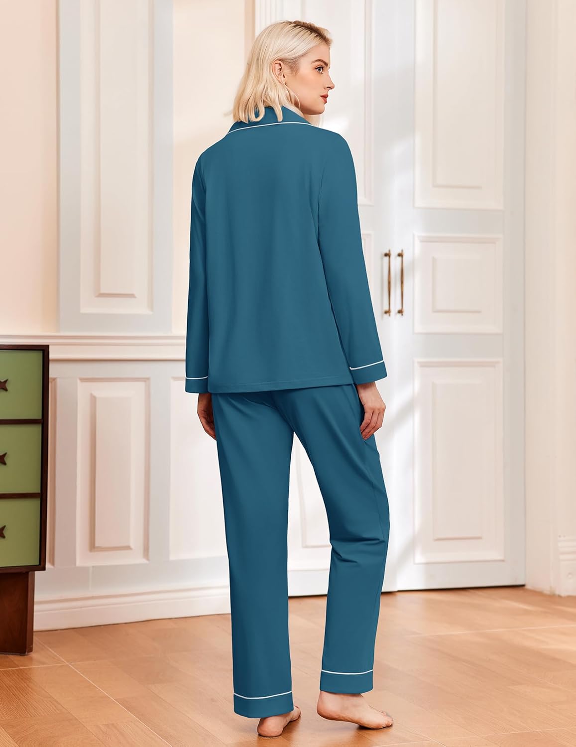 Teal long pajama set with white piping, button-up top and straight-leg pants