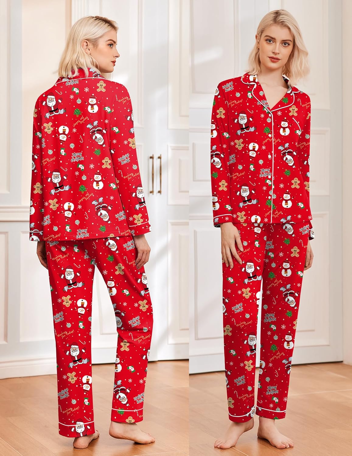 Red Christmas pajama set, front and back views: long-sleeve top and matching long pants