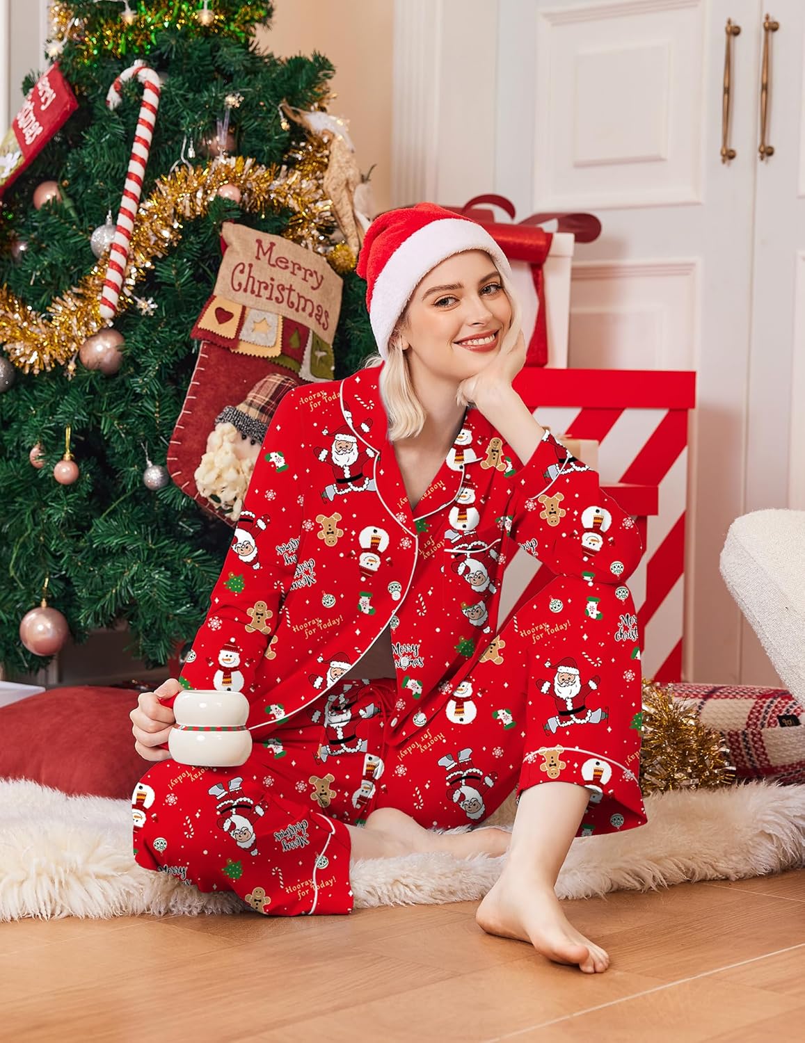 Red Christmas pajama set with button-front top and long pants, white piping, festive prints