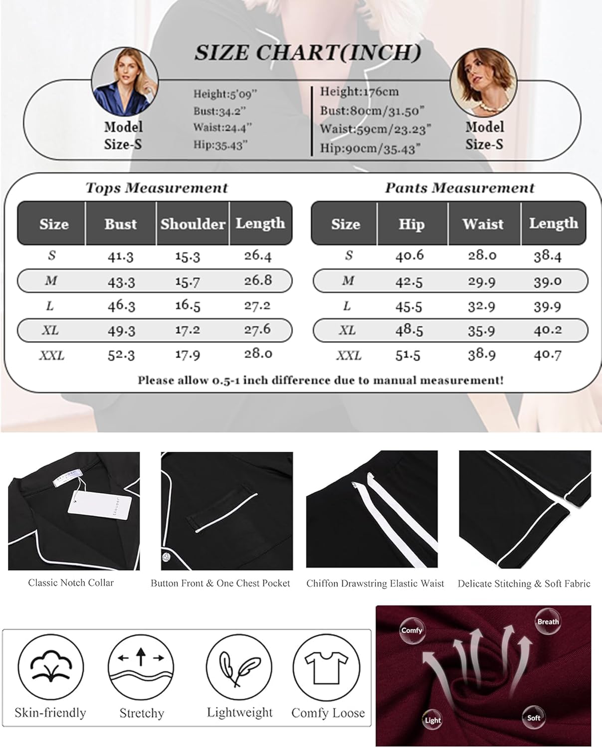Size chart for long pajama set: tops and pants measurements plus comfort feature icons