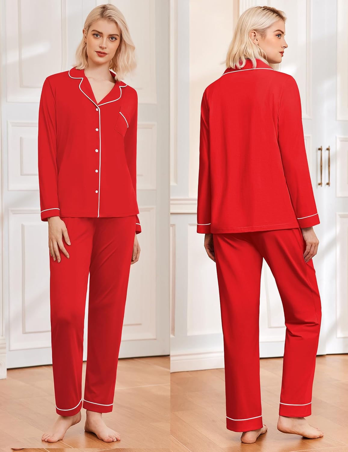 Classic long pajama set, rot mit Knopfleiste und Paspeln an Ärmel und Hosenbein