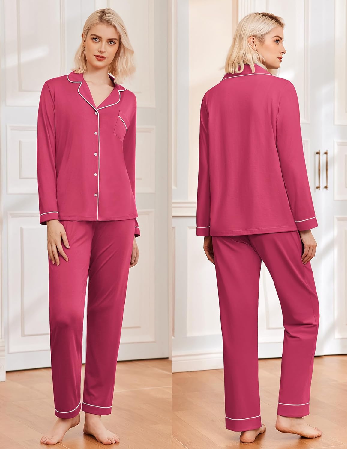 Pink long-sleeve pajama set with button front, piping trim, and matching pants