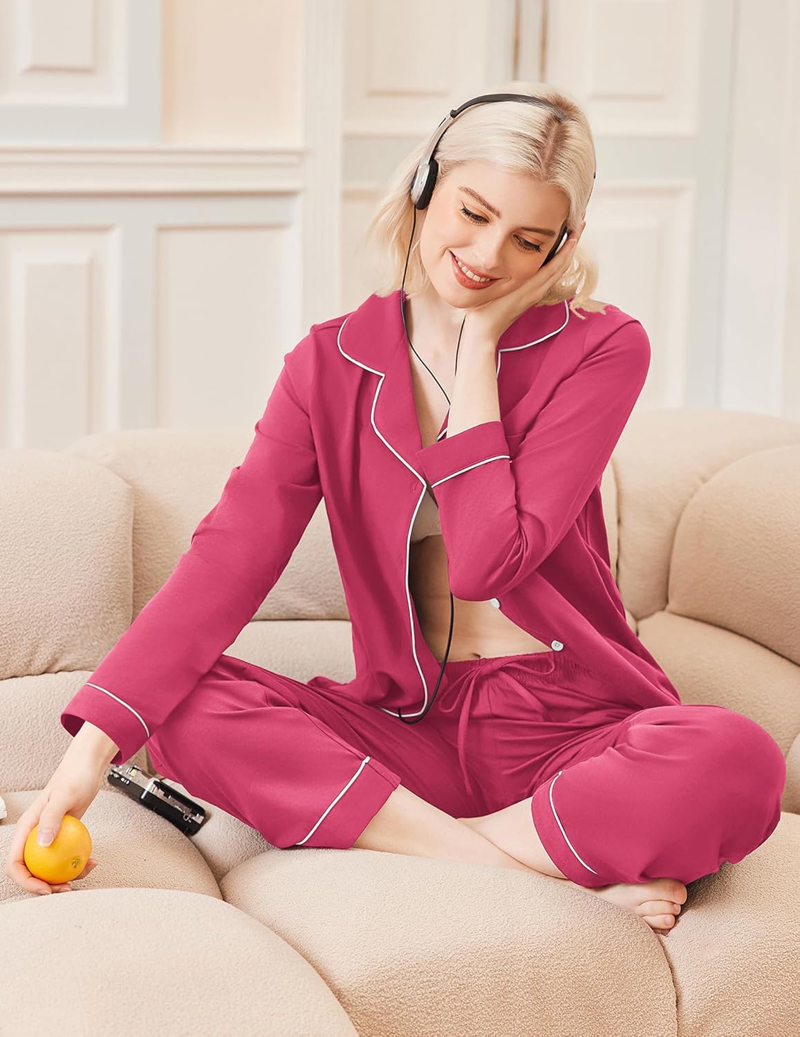 Rosy pajama set with notch collar, contrast piping, button placket, and long pants