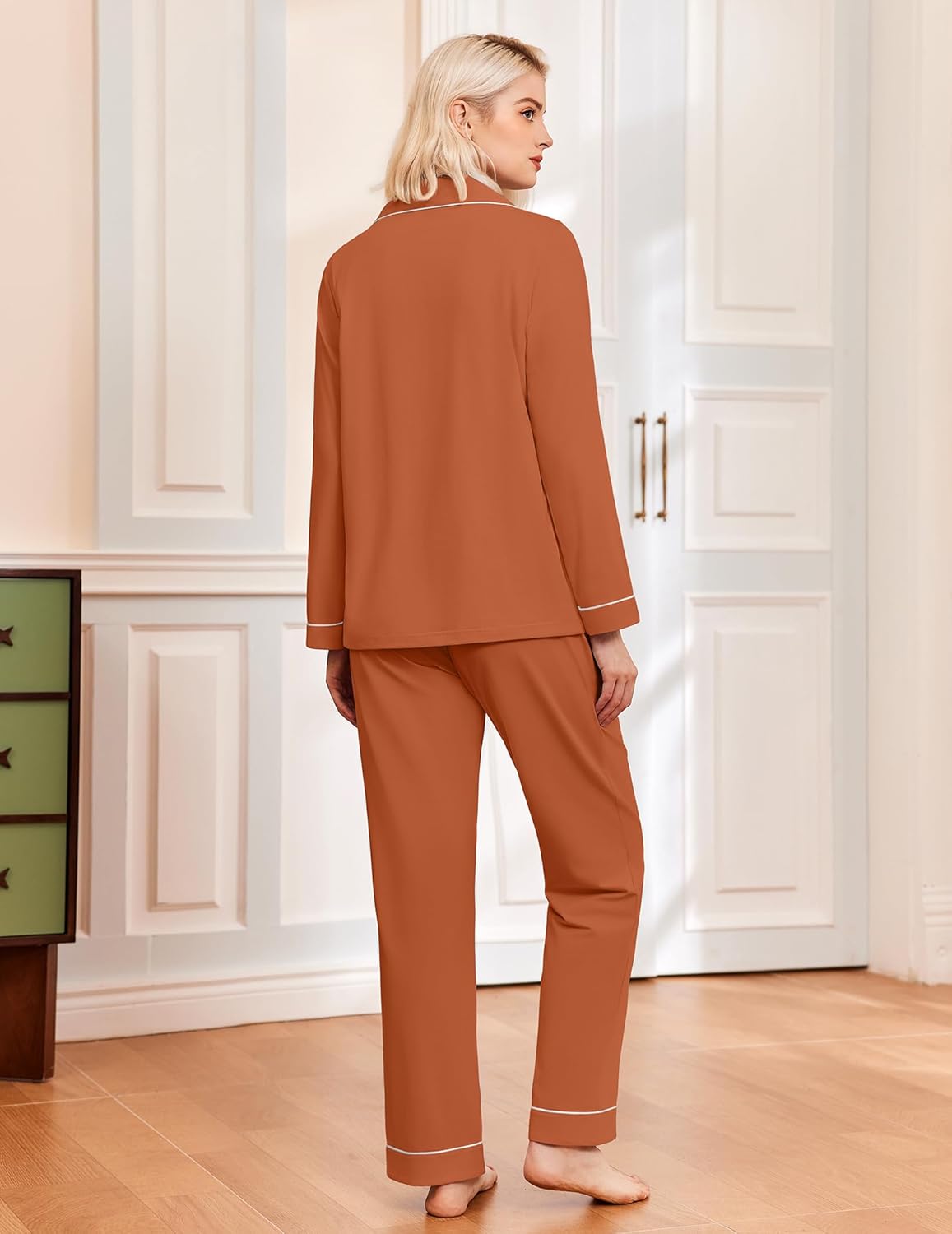 Brown long pajama set with white piping, button-up top and matching ankle-length pants