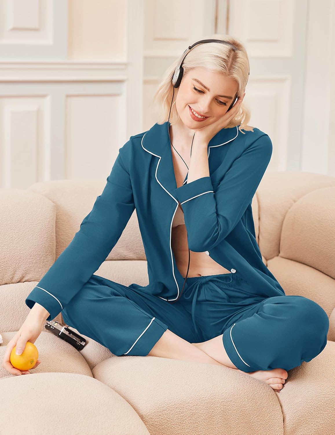 Teal long pajama set with contrast white trim, button-front top and matching pants