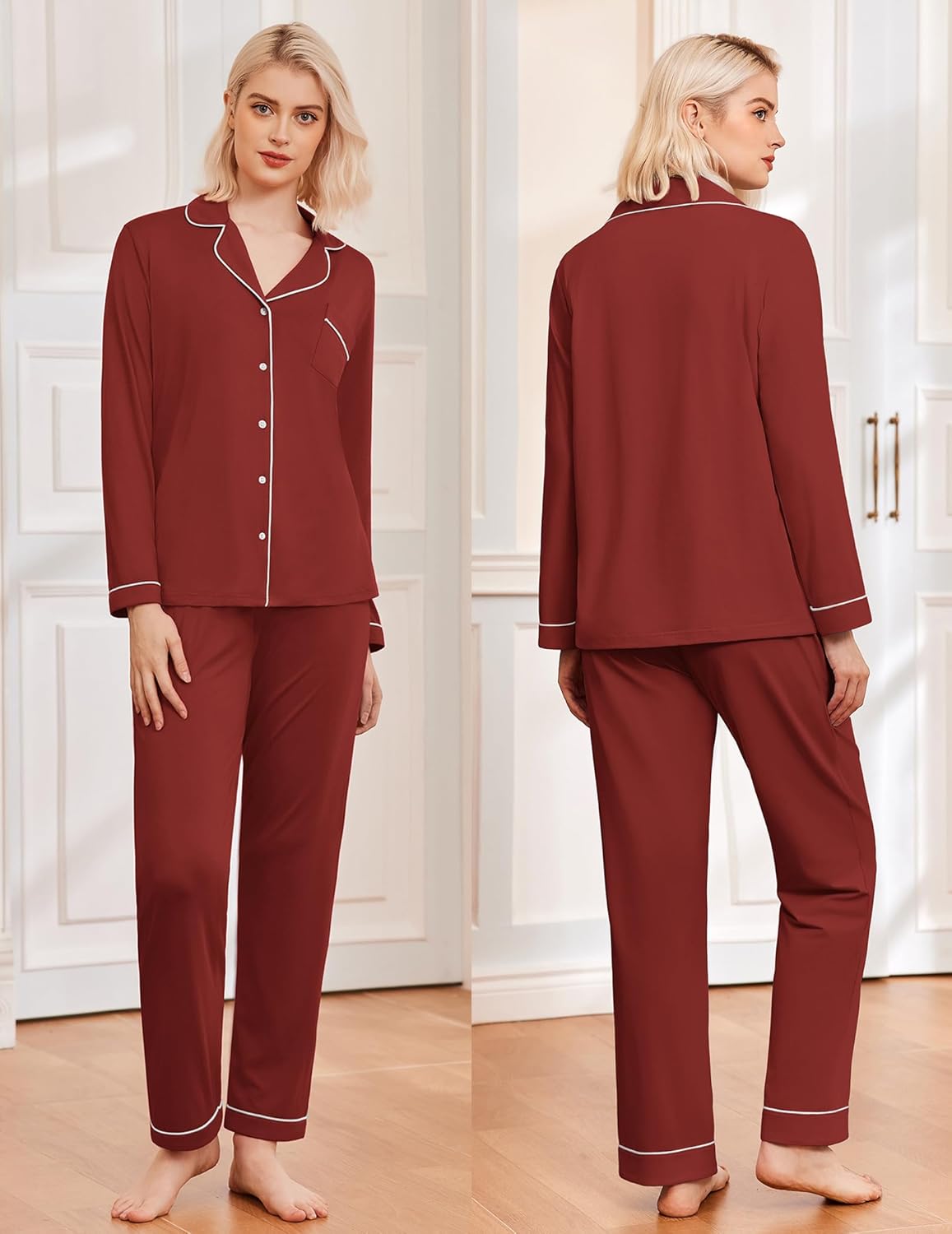 Wine pajama set: long-sleeve button shirt and tapered long pants with white piping