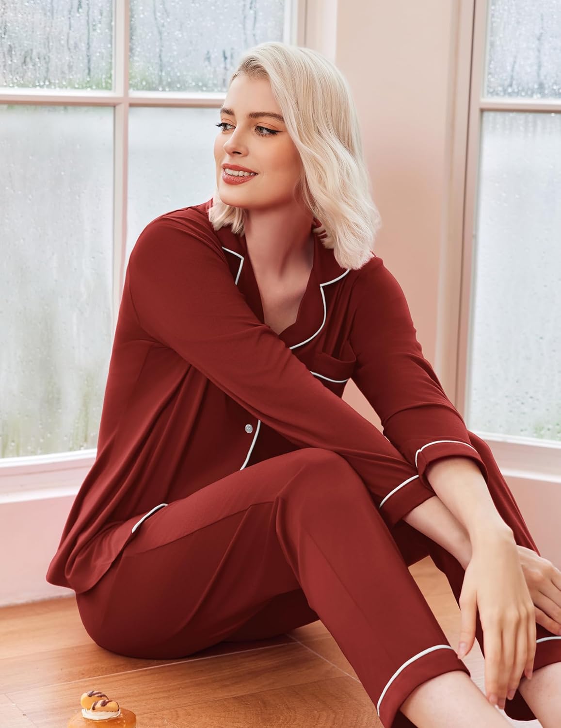 Wine long pajama set, button-front top and pants with contrast white trim