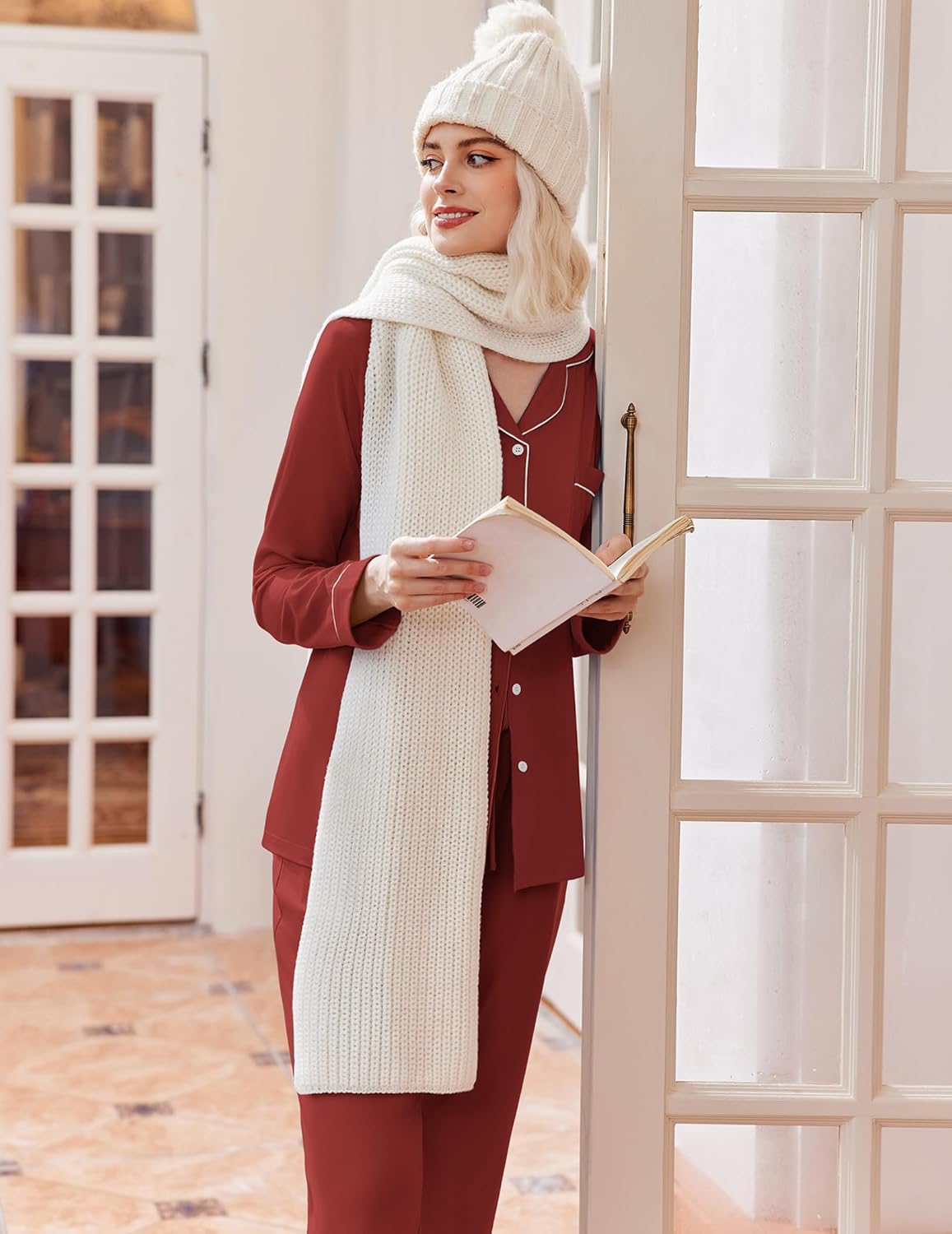Burgundy pajama set with button-front top and long pants, contrast white piping