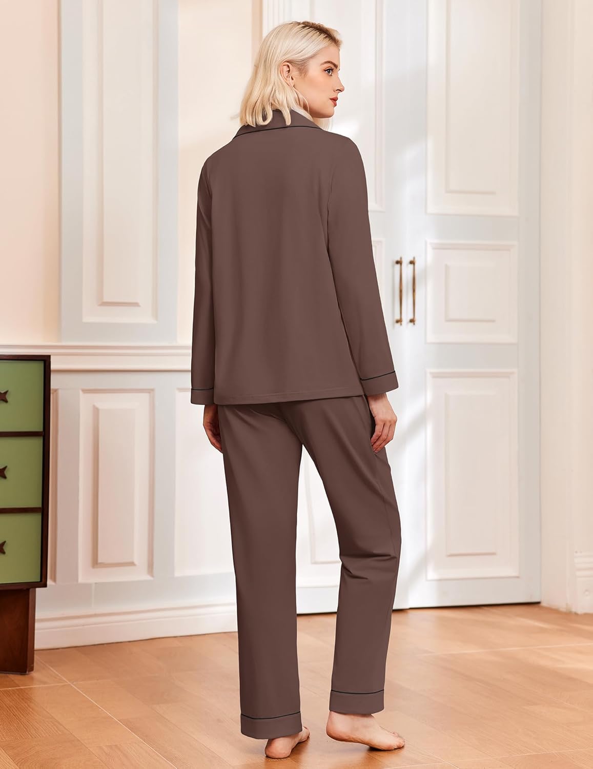 Dark brown pajama set back view: long-sleeve top and long pants with contrast trim