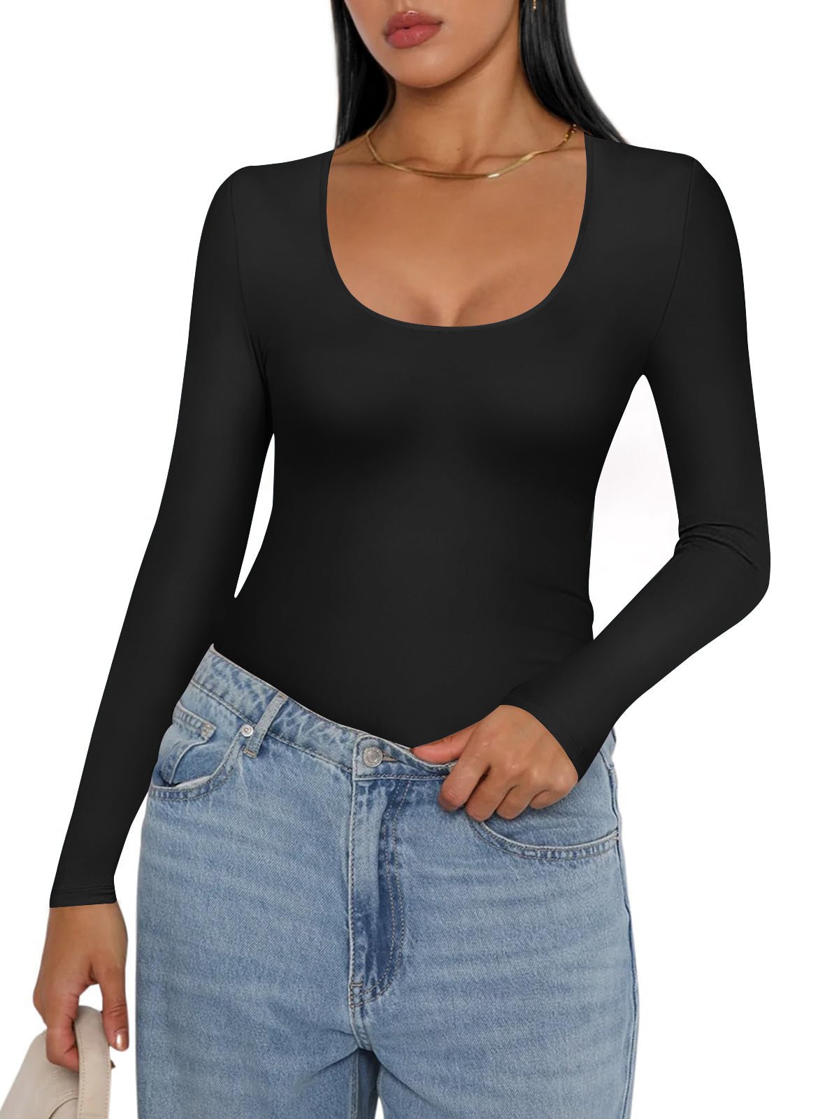 Black thermal slim-fit long-sleeve undershirt with scoop neck