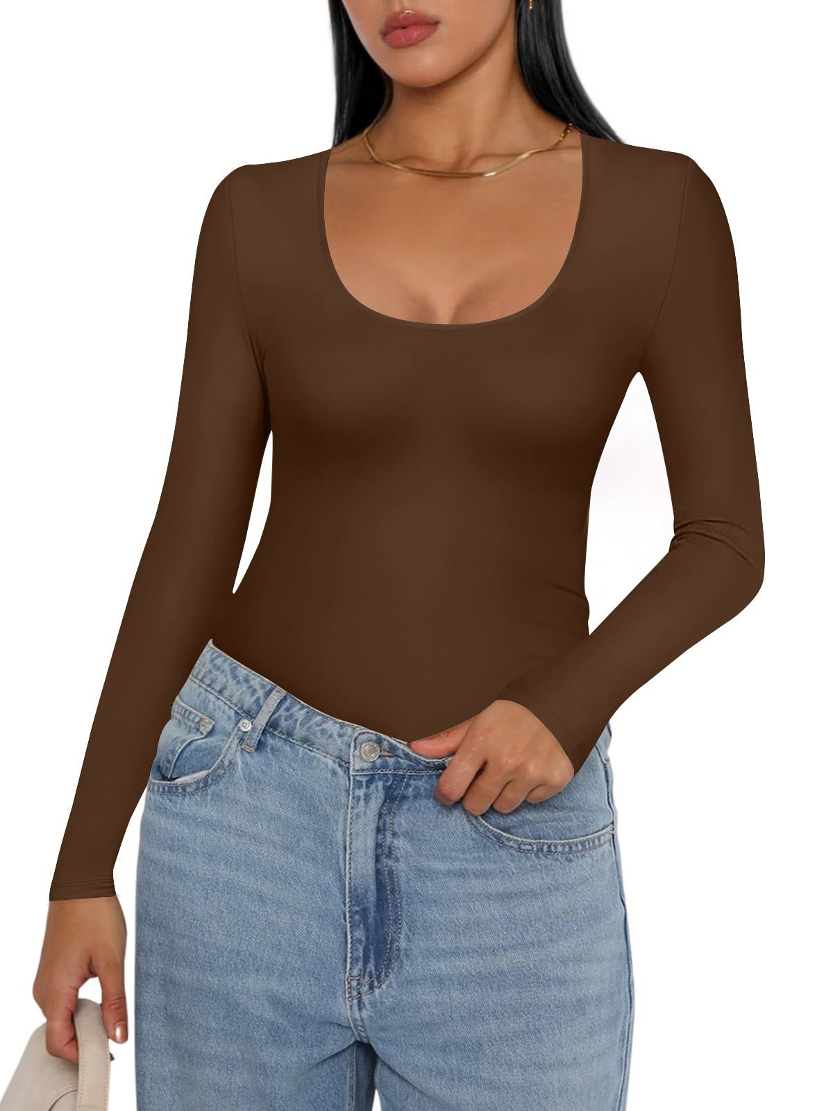 Brown thermal slim-fit long-sleeve undershirt with scoop neck