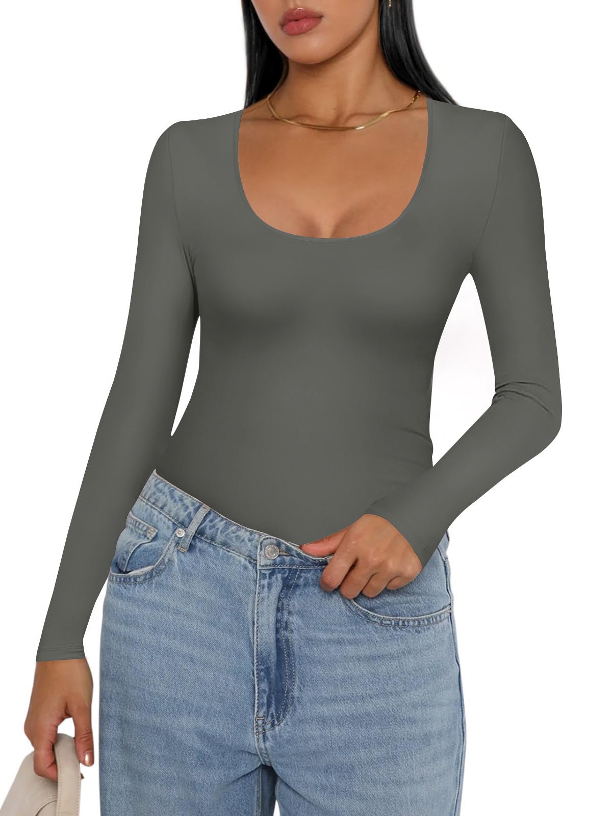 Dark grey thermal slim-fit long-sleeve undershirt with scoop neck