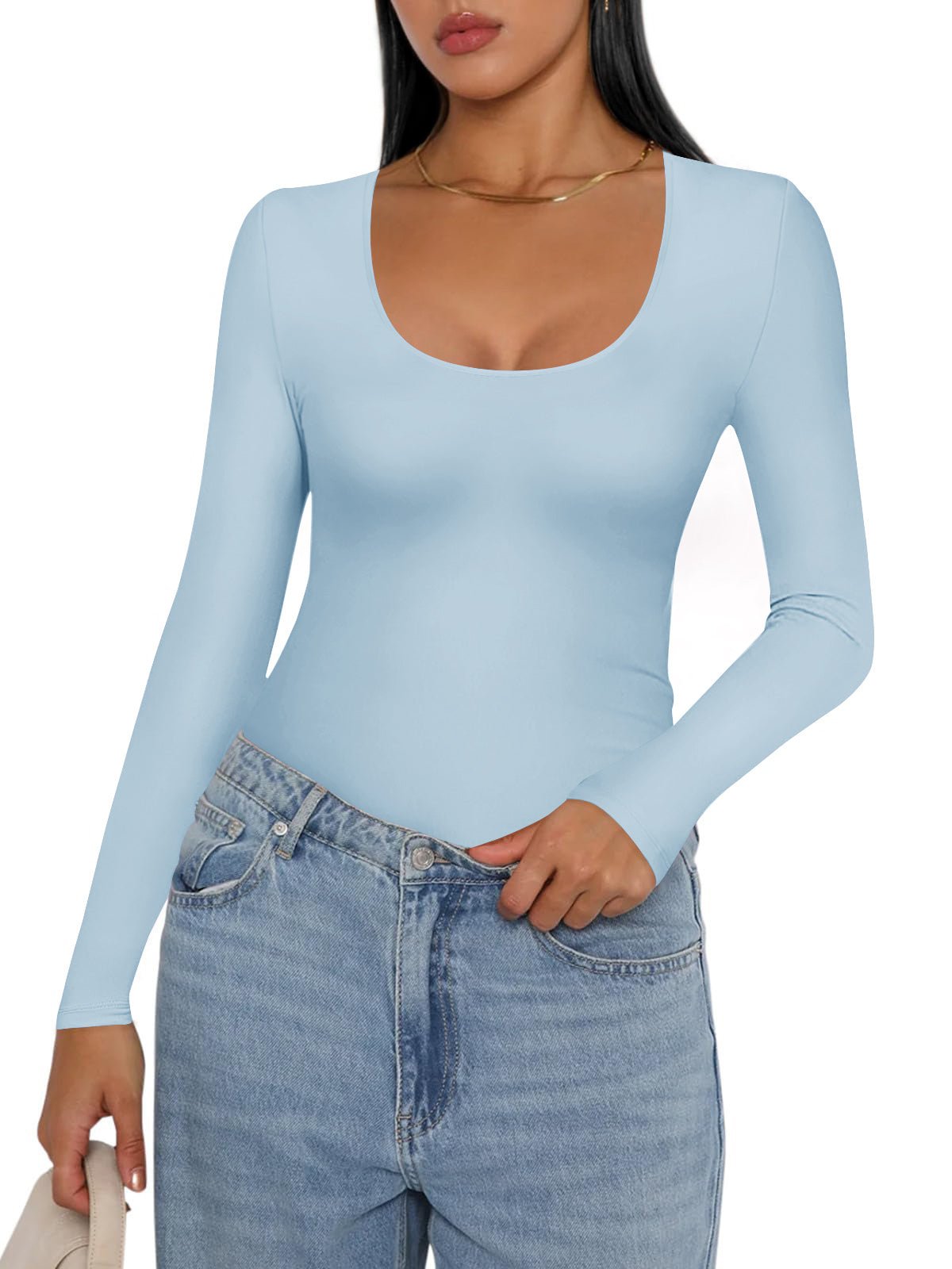 Light blue thermal slim-fit long-sleeve undershirt with scoop neck