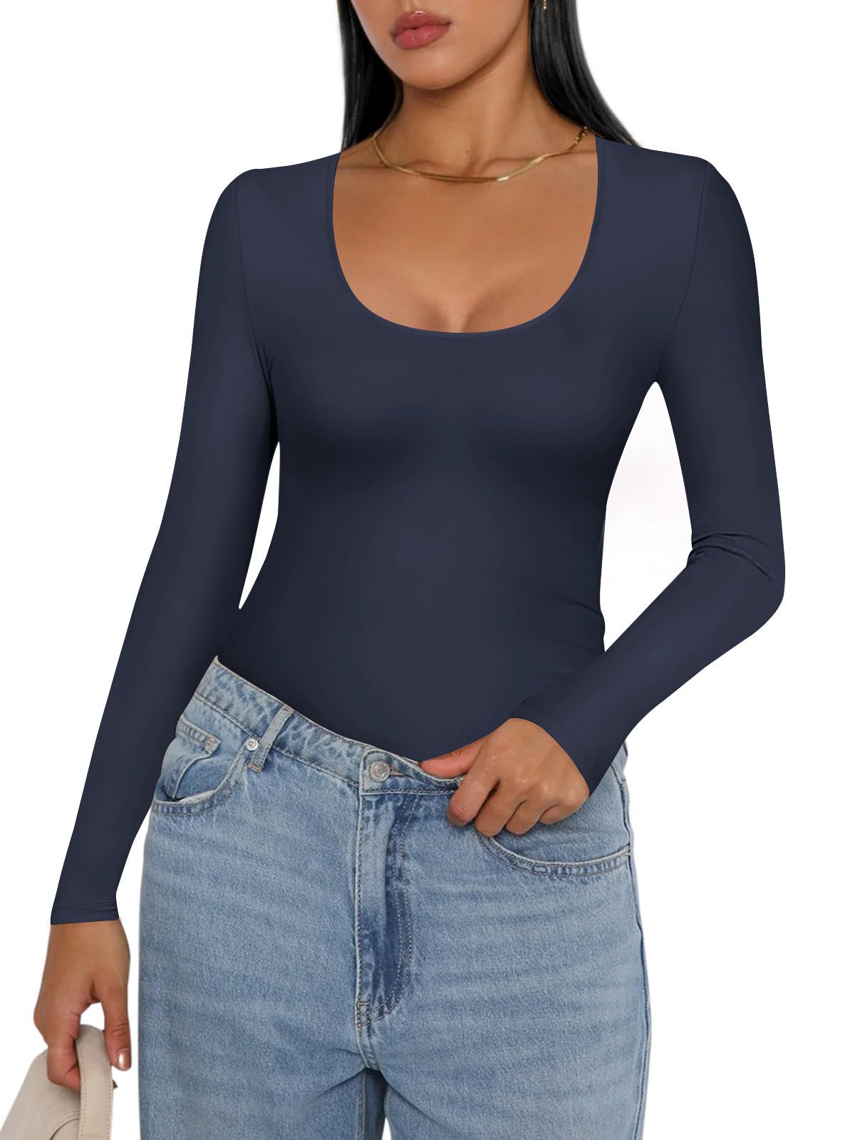 Navy blue thermal slim-fit long-sleeve undershirt with scoop neck