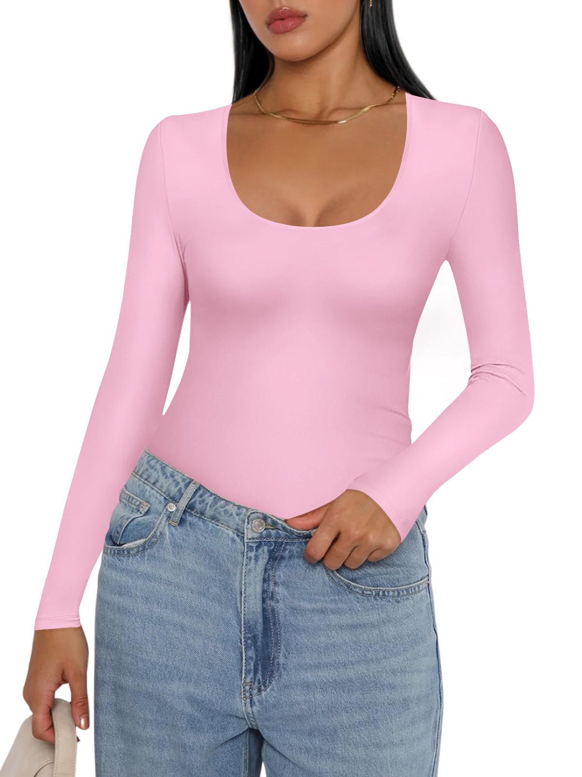 Pink thermal slim-fit long-sleeve undershirt with scoop neck