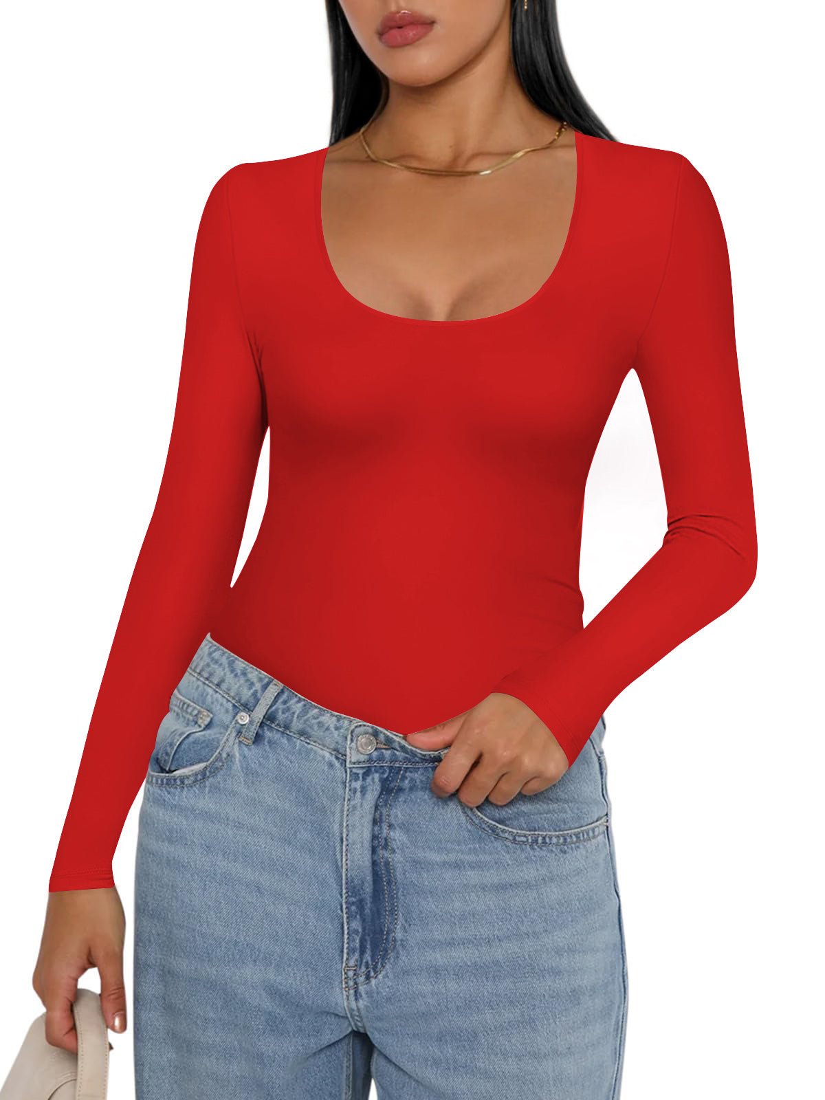 Red thermal slim-fit long-sleeve undershirt with scoop neck