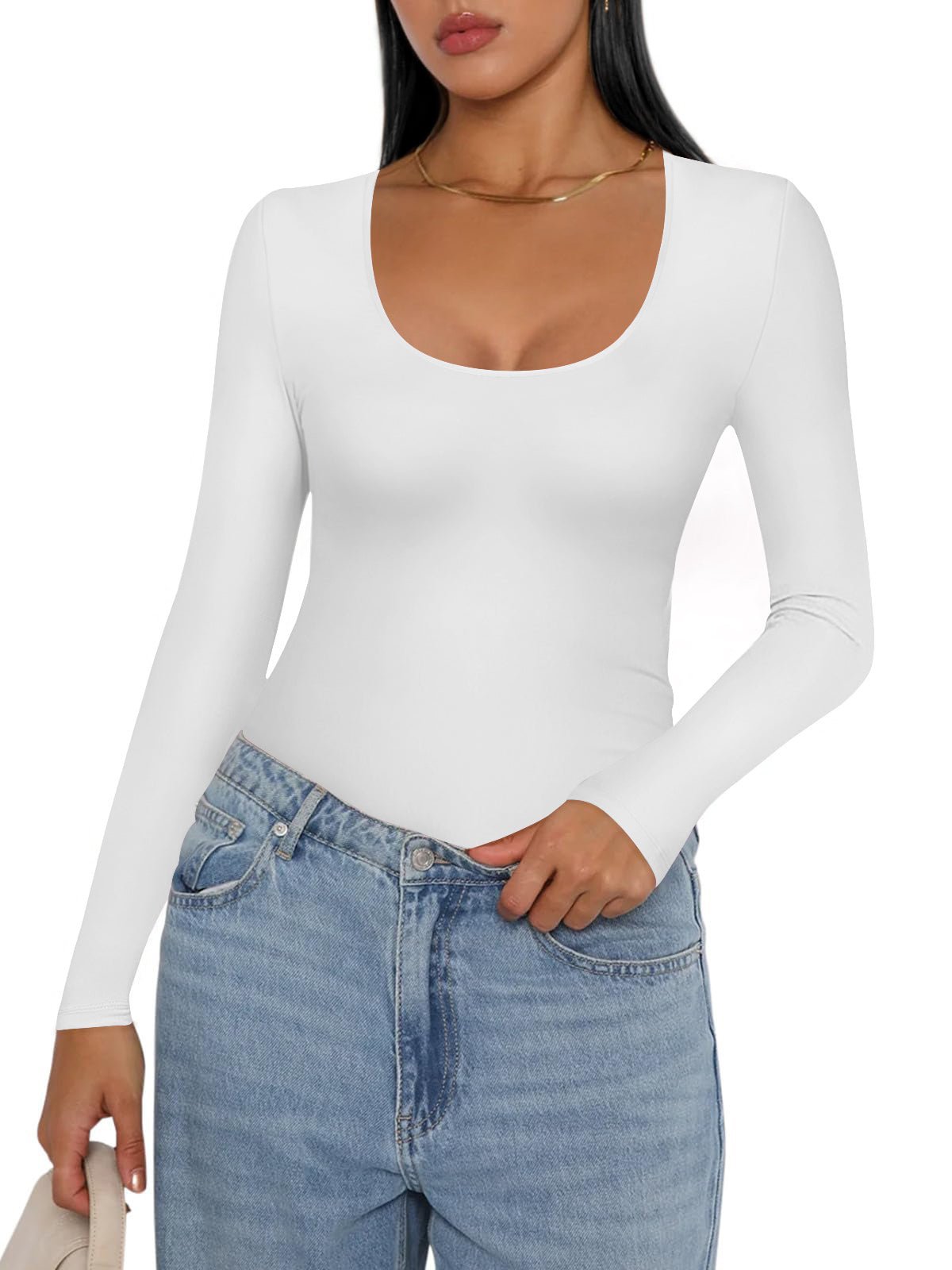 White thermal slim-fit long-sleeve undershirt with scoop neck