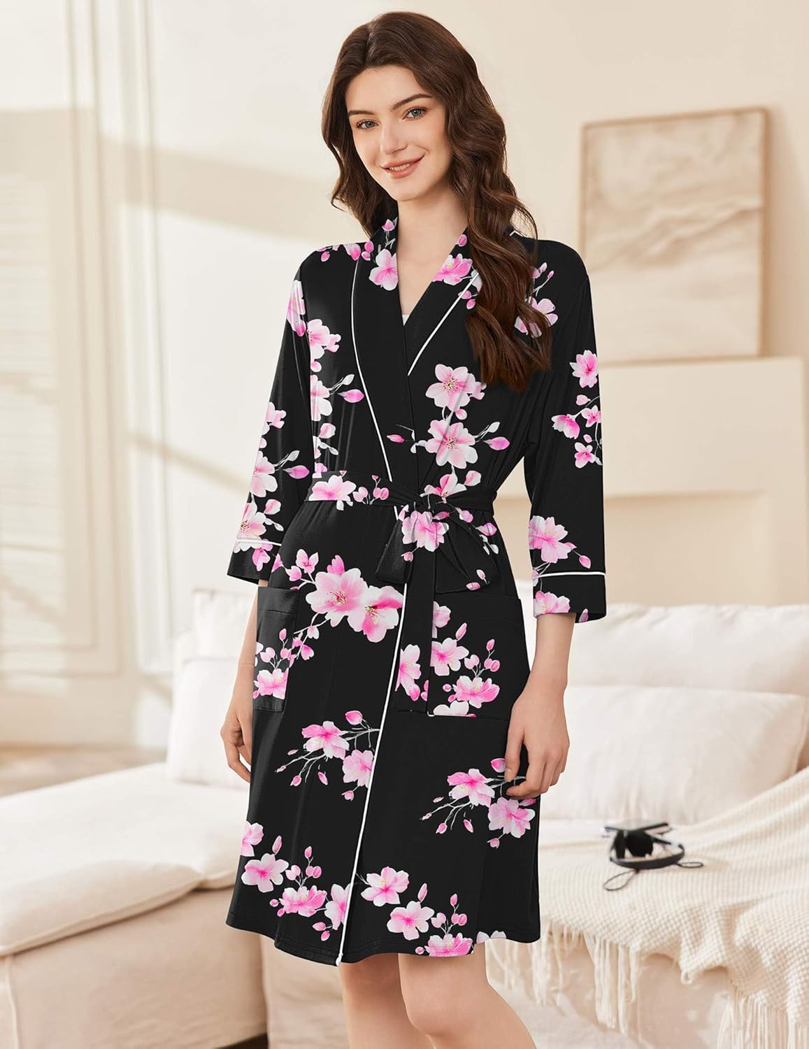 Black floral short kimono bathrobe with pink blossoms, tie waist