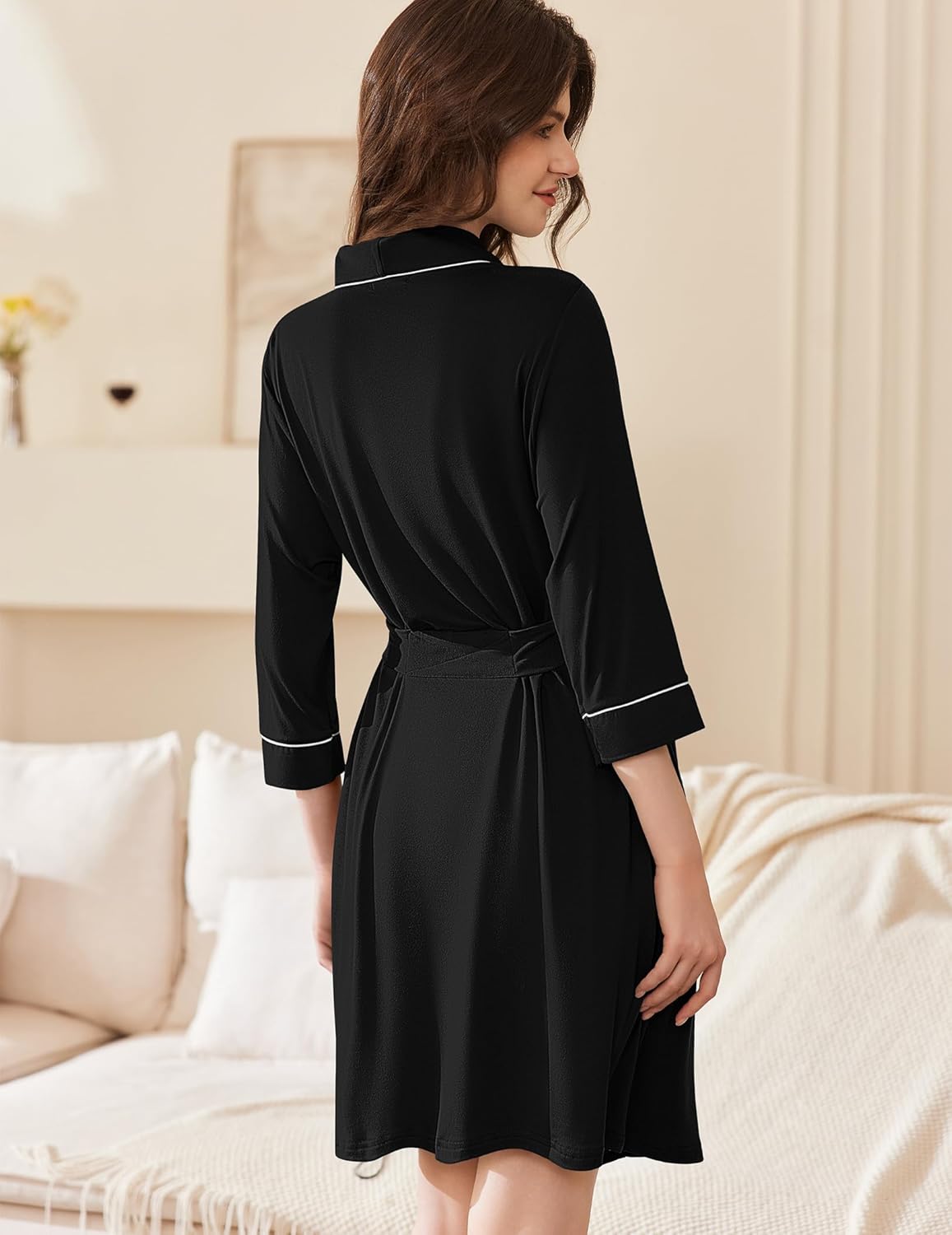 Black short kimono robe, back view, tie waist and contrast trim