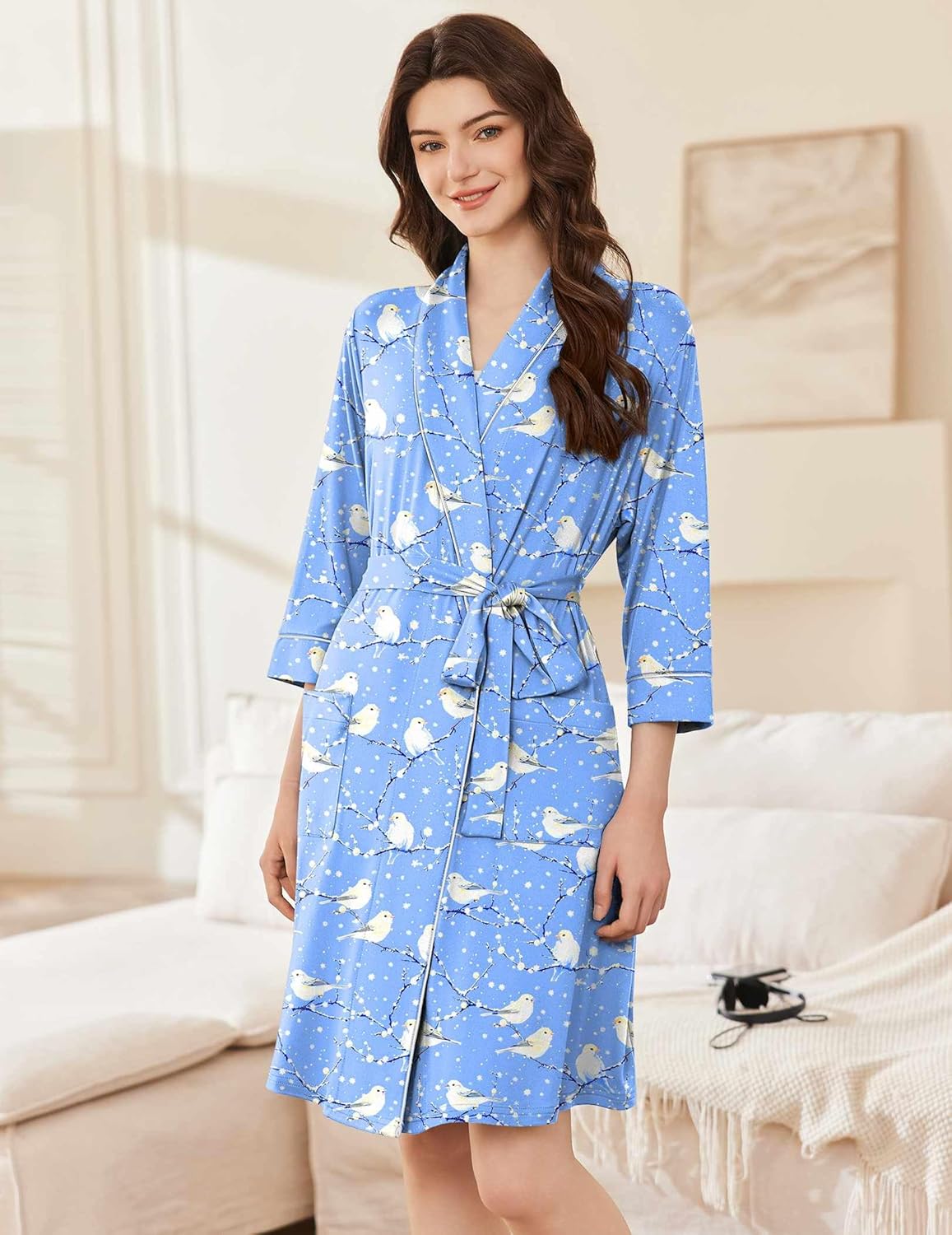 Blue short kimono robe with white bird print, shawl collar, and tied waist belt