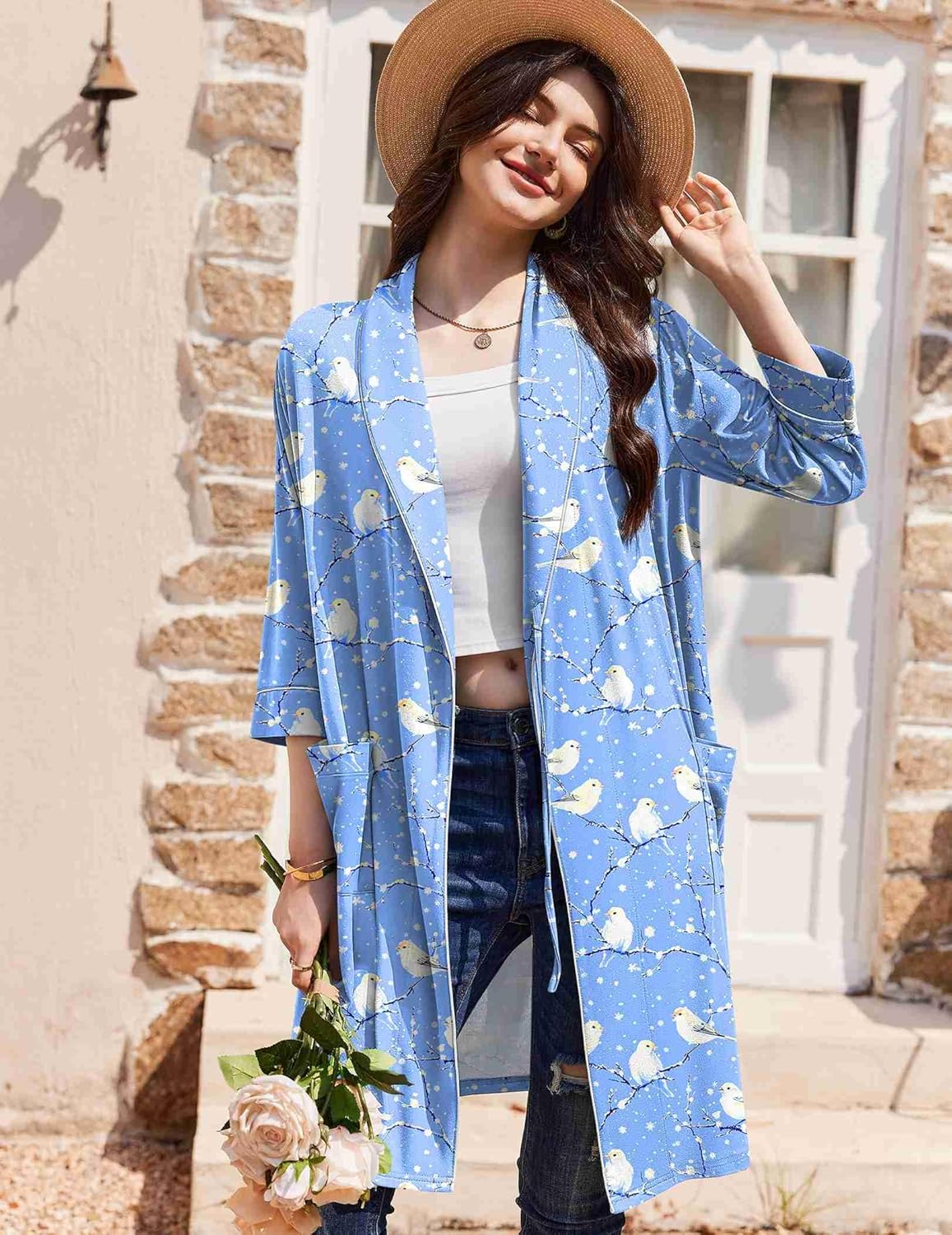 Blue patterned short kimono robe with white bird print, shawl collar, and tie waist