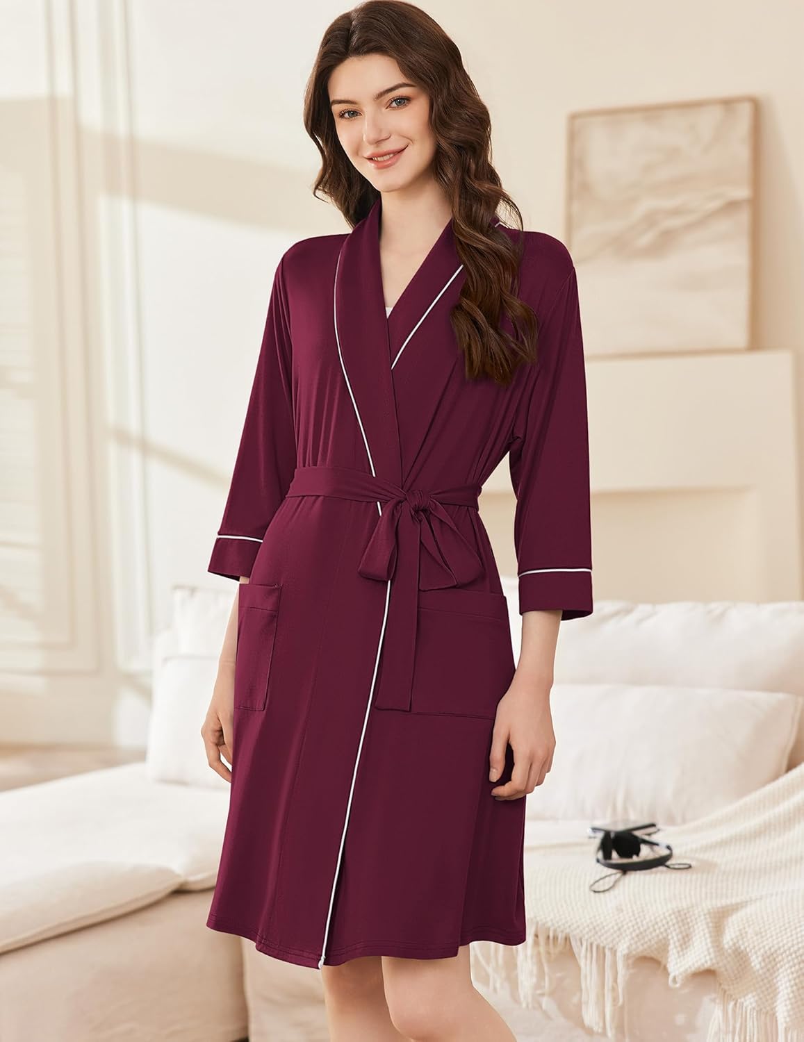 Dark purple short kimono bathrobe with contrast piping and tied waist