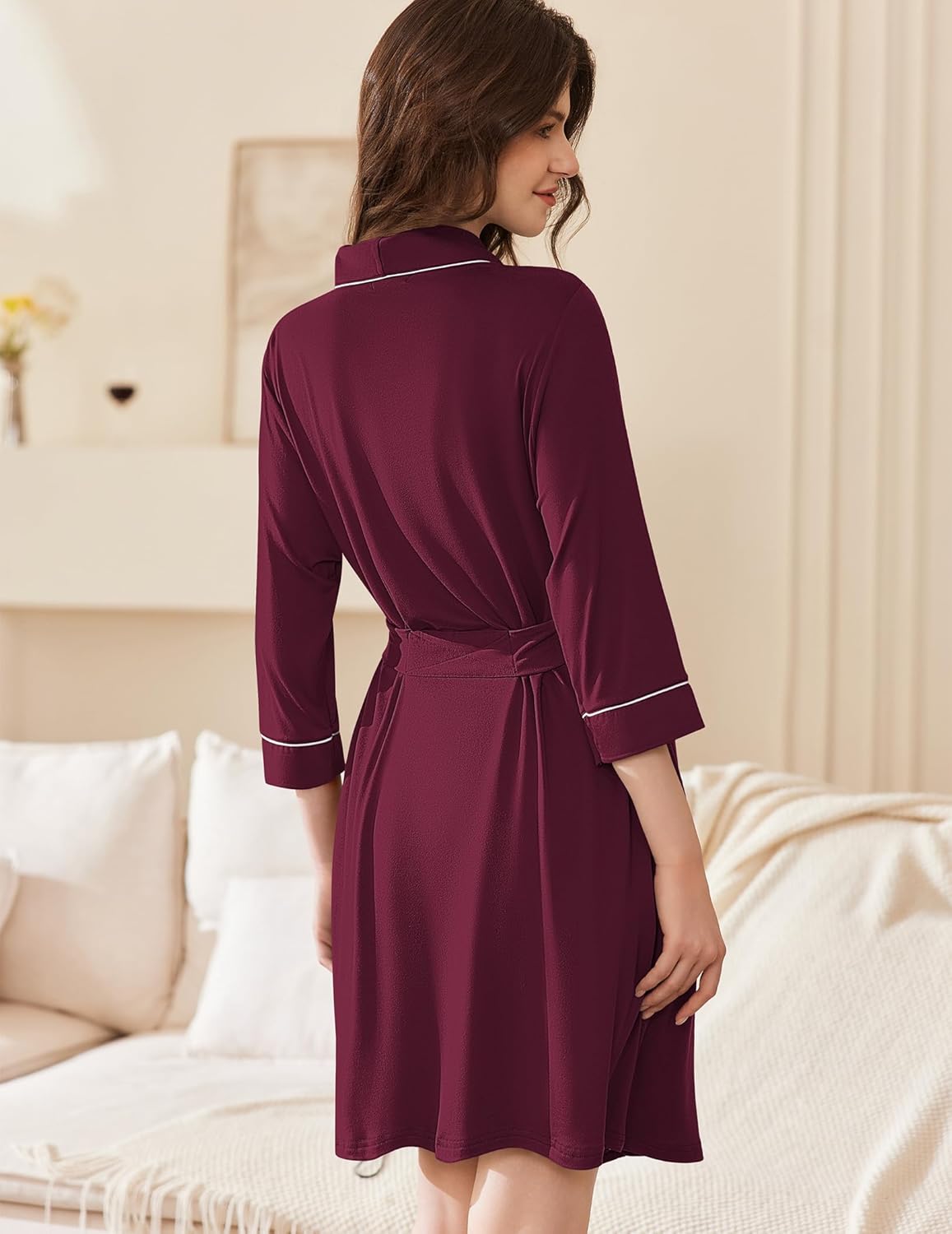 Dark purple short kimono robe, back view, tie waist and contrast trim