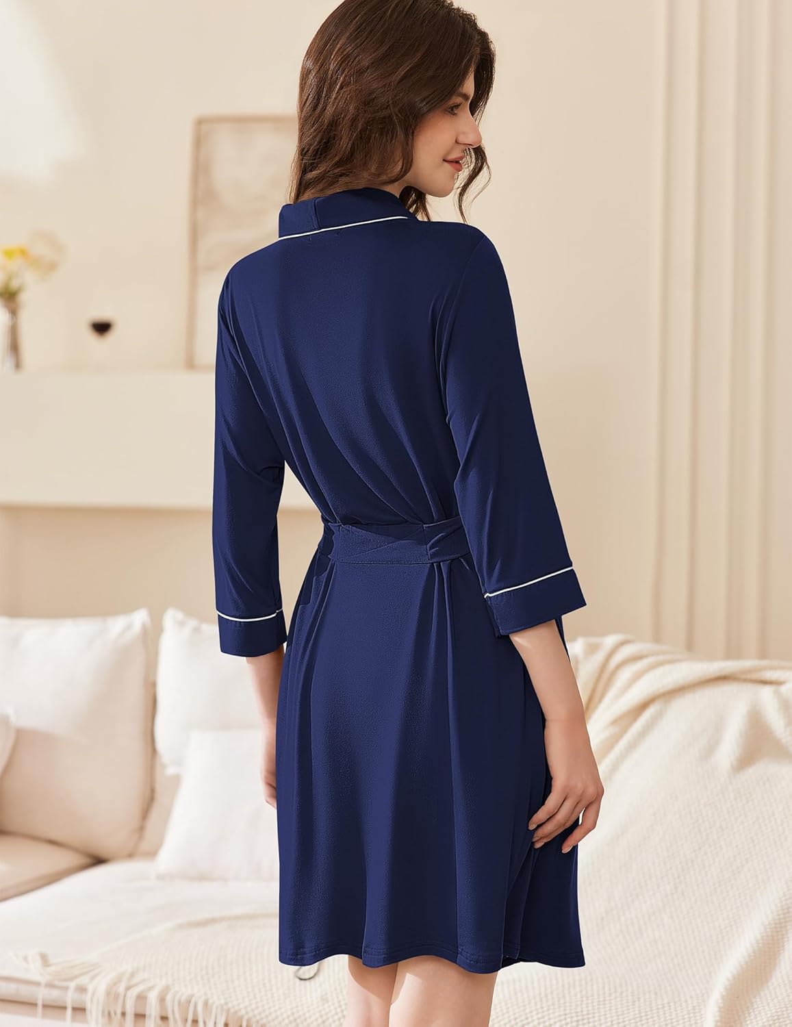 Back view navy blue short kimono robe with shawl collar and tied waist belt