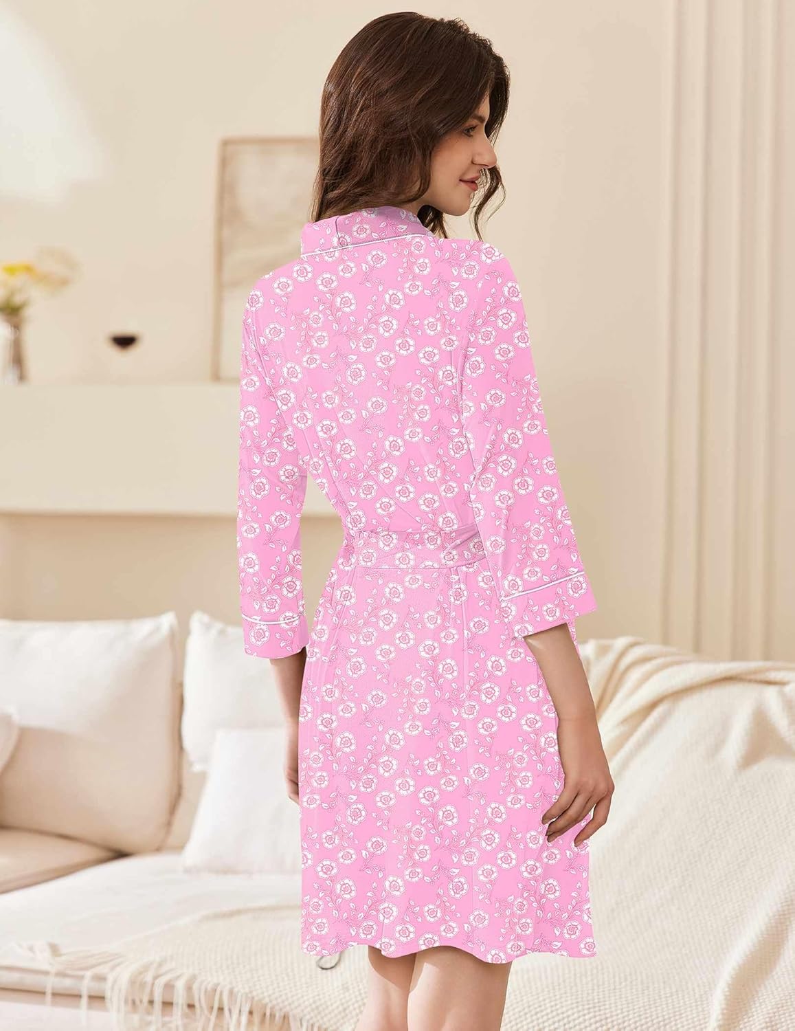 Back view soft knit short kimono robe, pink with white floral print, tie belt