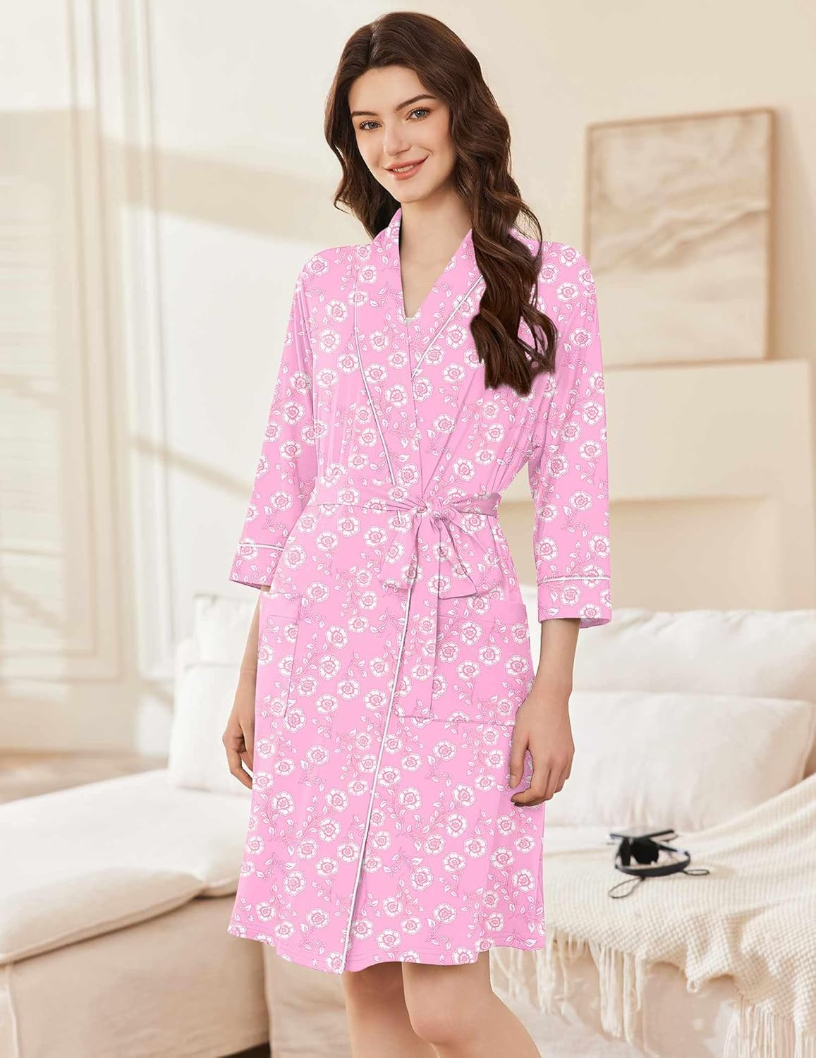 Soft knit short kimono robe, pink with white floral print, tie belt and collar