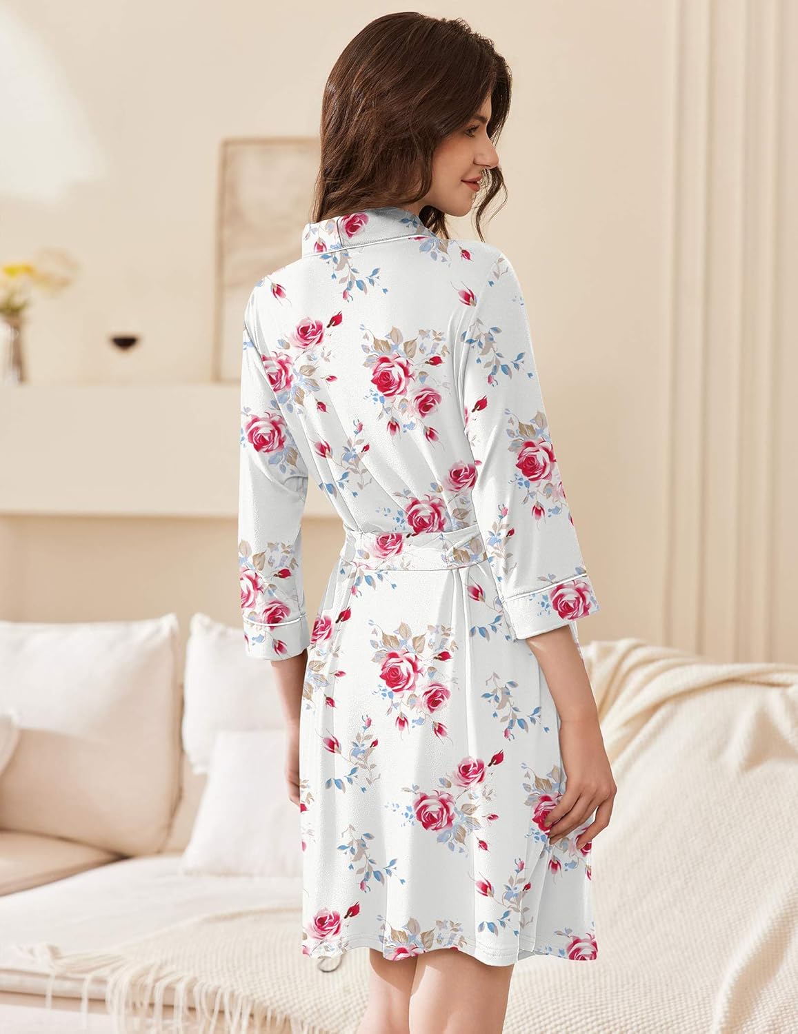 White floral kimono robe, back view, tie waist and 3/4 sleeves