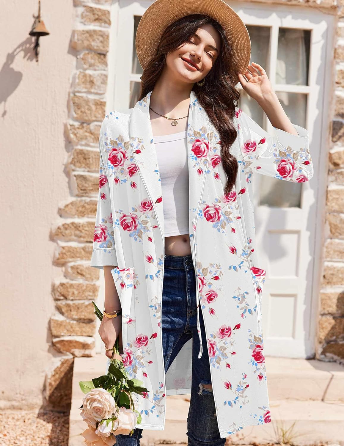 White floral short kimono robe with pink rose print and drawstring belt