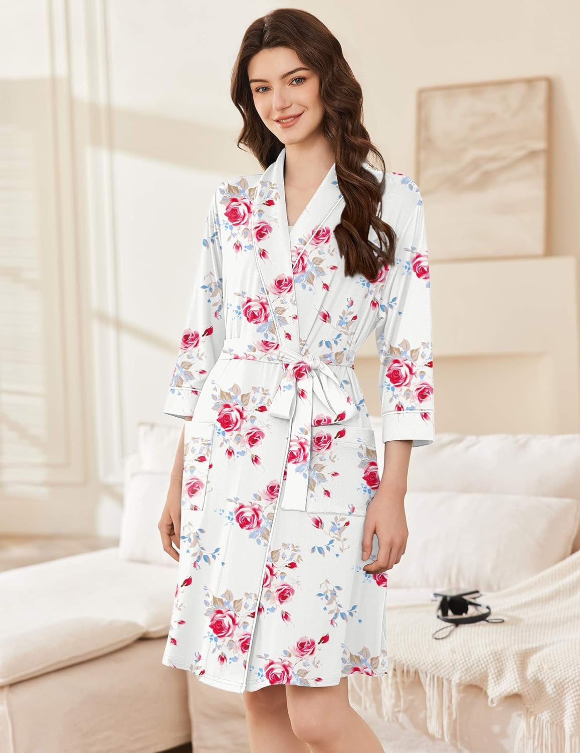White floral kimono bathrobe with pink and blue roses, tie waist