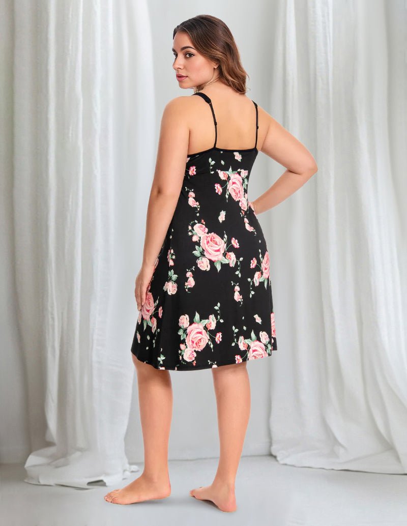 Floral print bra-builtin dress, black with pink floral print, open back, spaghetti straps