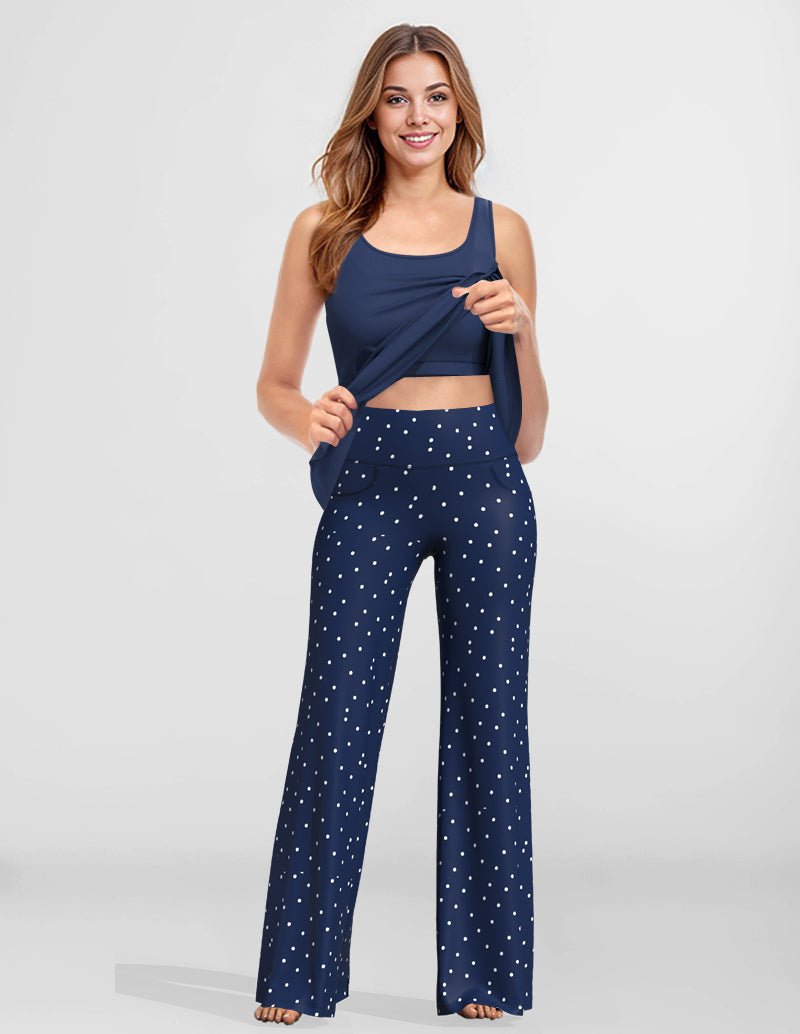 Blue built-in bra lounge camisole with wrap-front and speckle wide-leg pants set