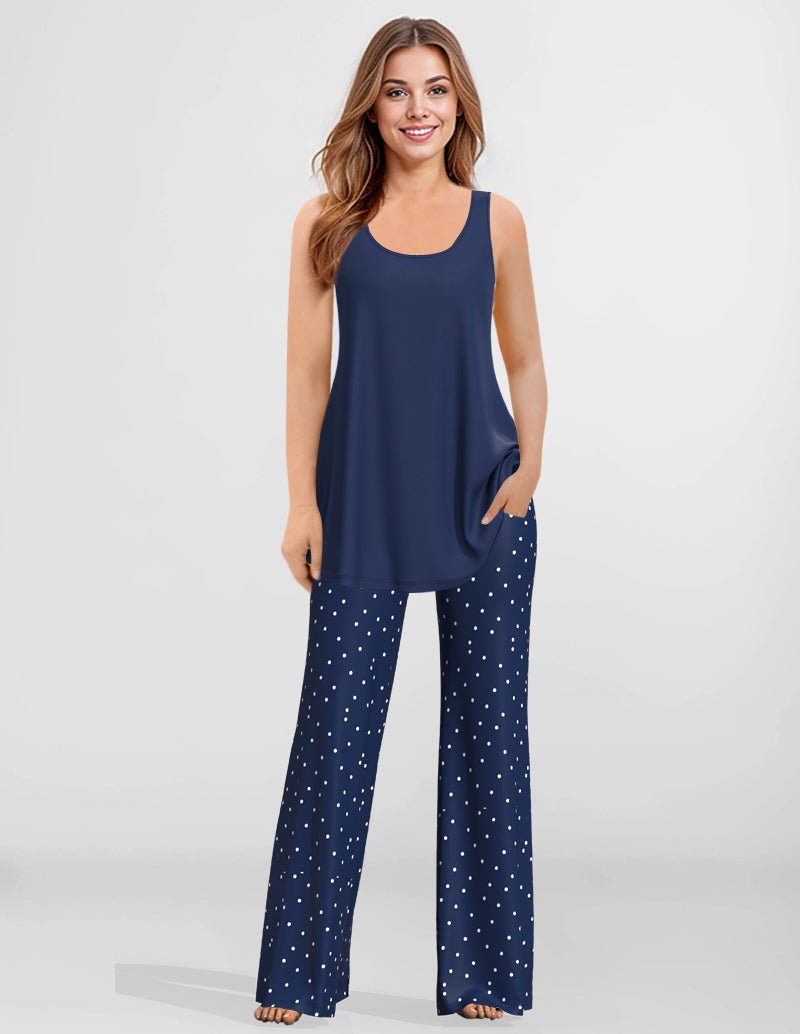Navy built-in bra lounge camisole with draped front and speckle wide-leg pants