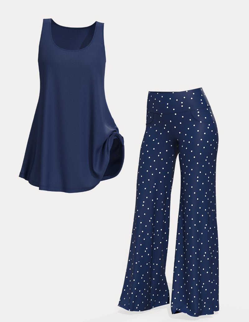 Blue built-in bra lounge tank with draped detail and speckle wide-leg pants