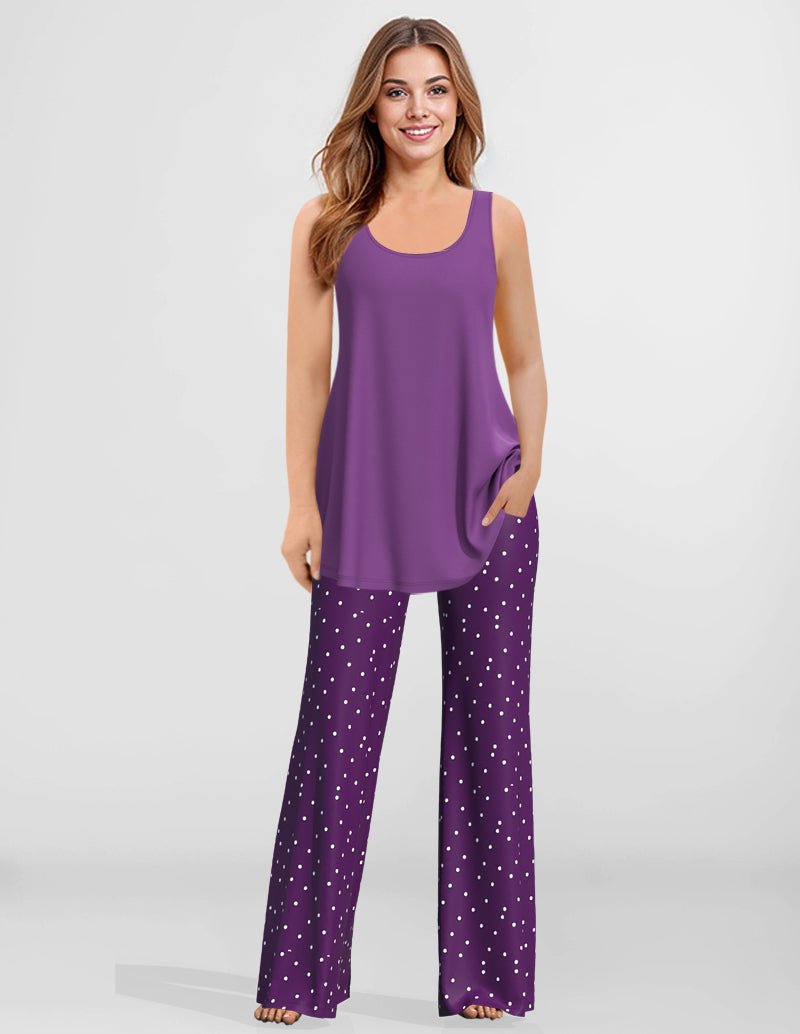Purple built-in bra lounge camisole with draped front and speckle wide-leg pants