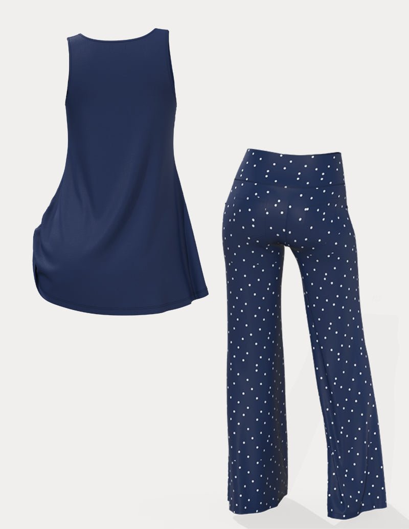 Purple built-in bra lounge tank and speckle wide-leg pants