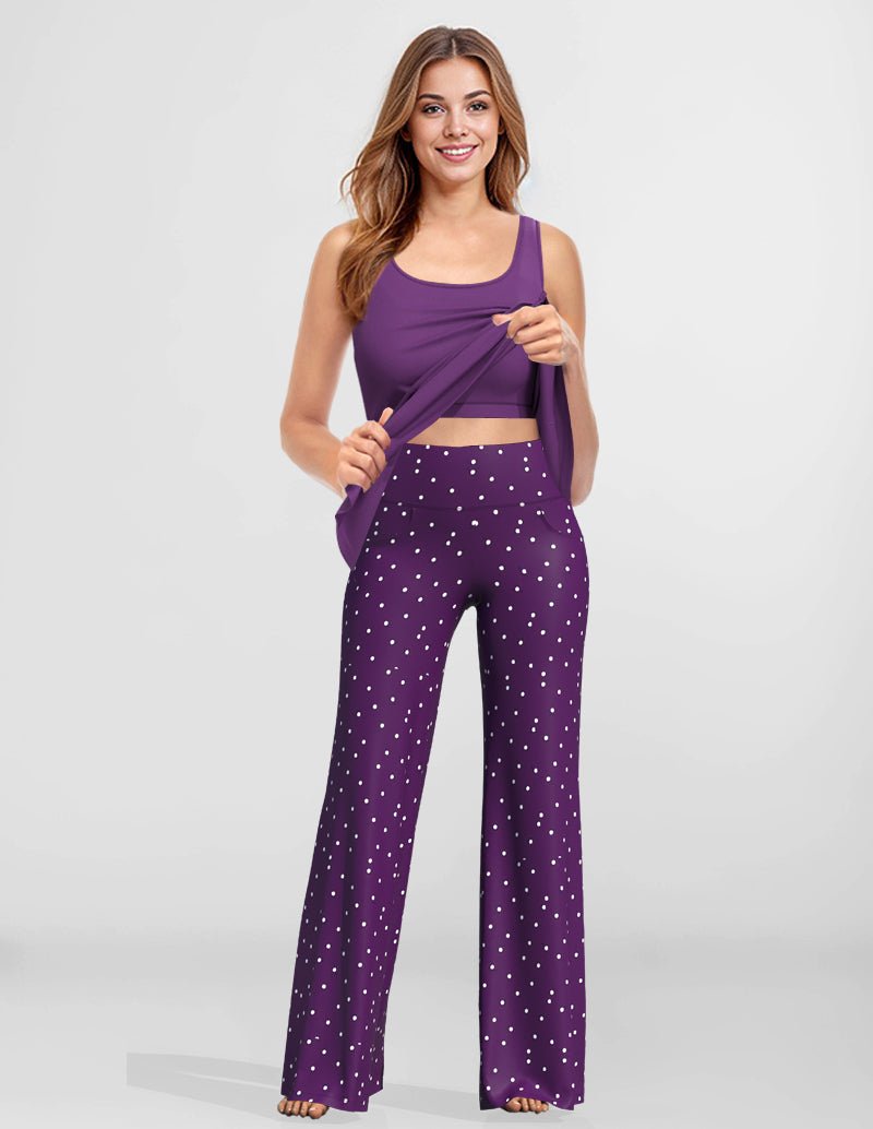 Purple built-in bra lounge camisole with wrap-front and speckle wide-leg pants set