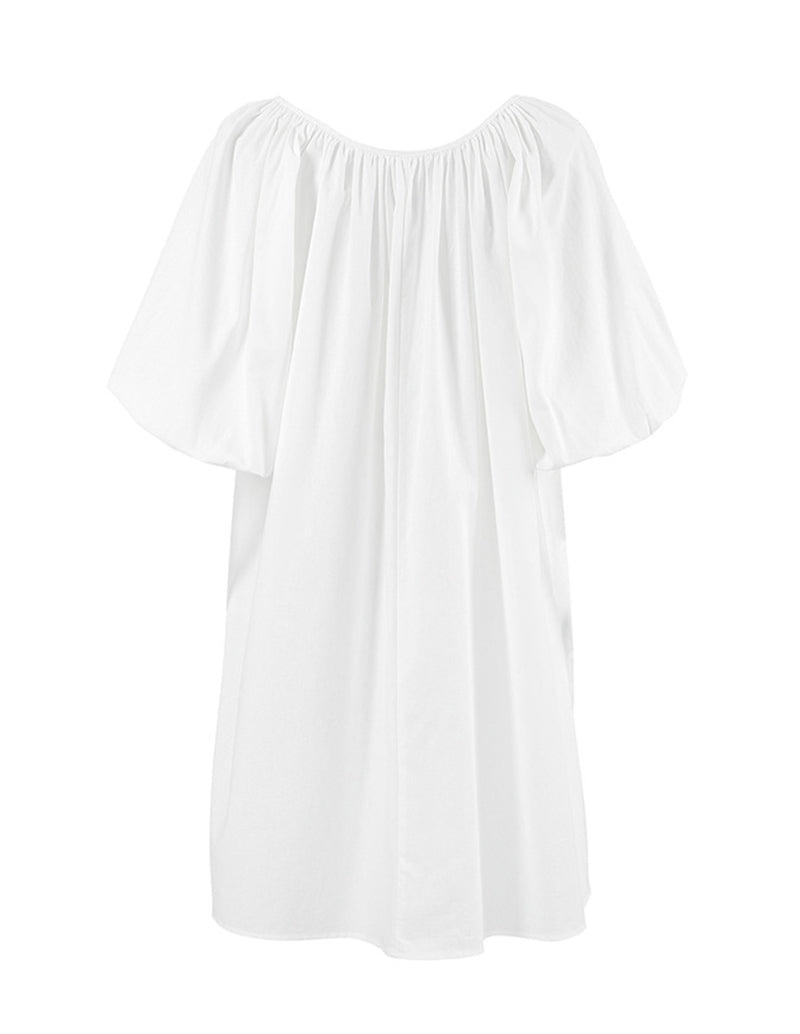 White cotton nightgown with gathered round neckline and wide short sleeves