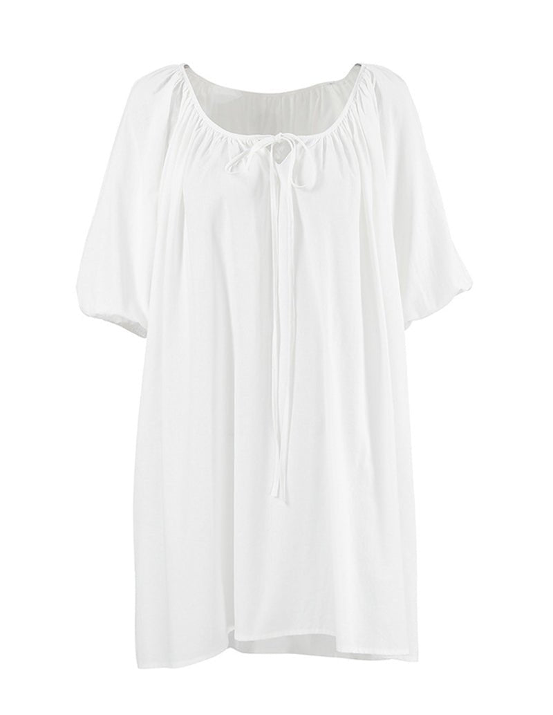 White cotton nightgown with square neckline and center tie bow detail