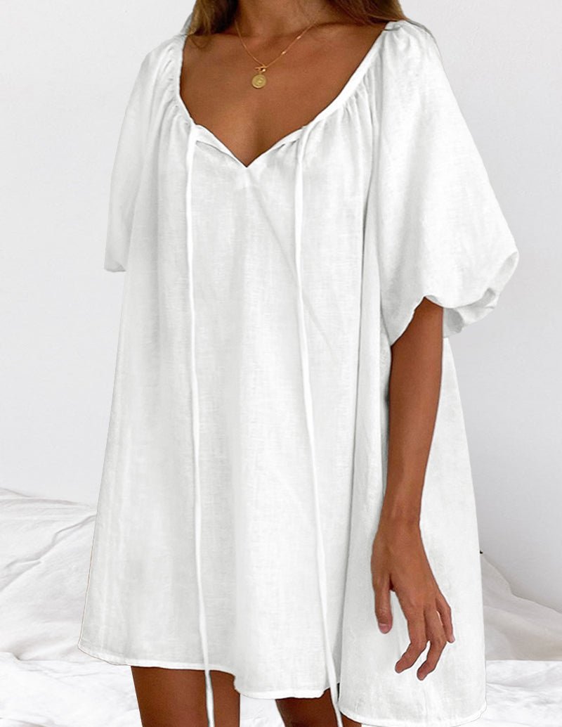 White cotton bubble-sleeve nightgown with square neckline and short gathered sleeves