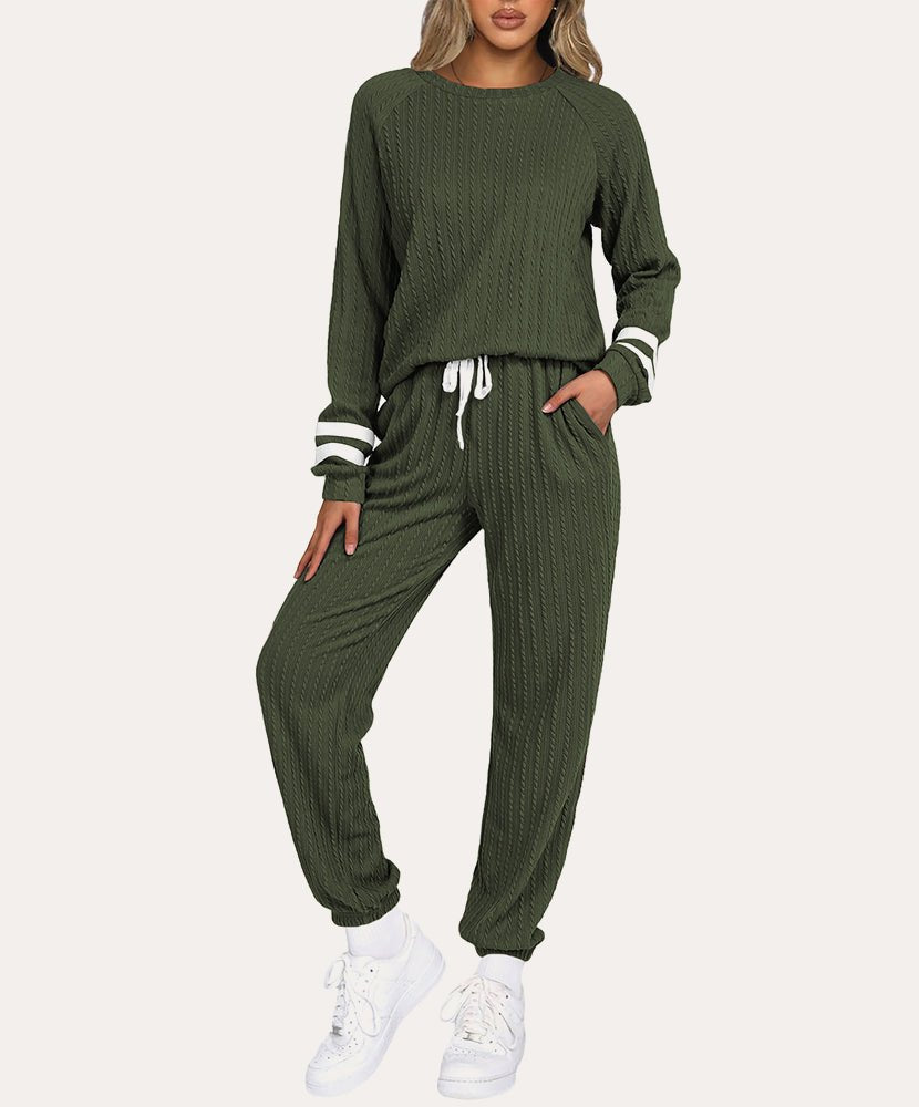 Army green ribbed knit lounge set with long sleeves and drawstring jogger pants