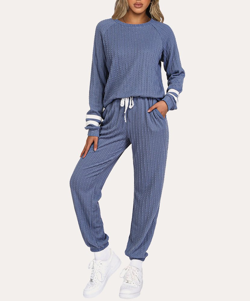 Blue ribbed knit lounge set with long sleeves and drawstring jogger pants